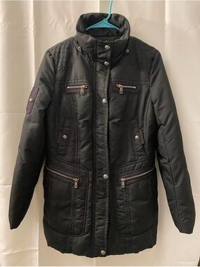 Andrew Marc Black Quilted Long Puffer Coat with Stand Collar